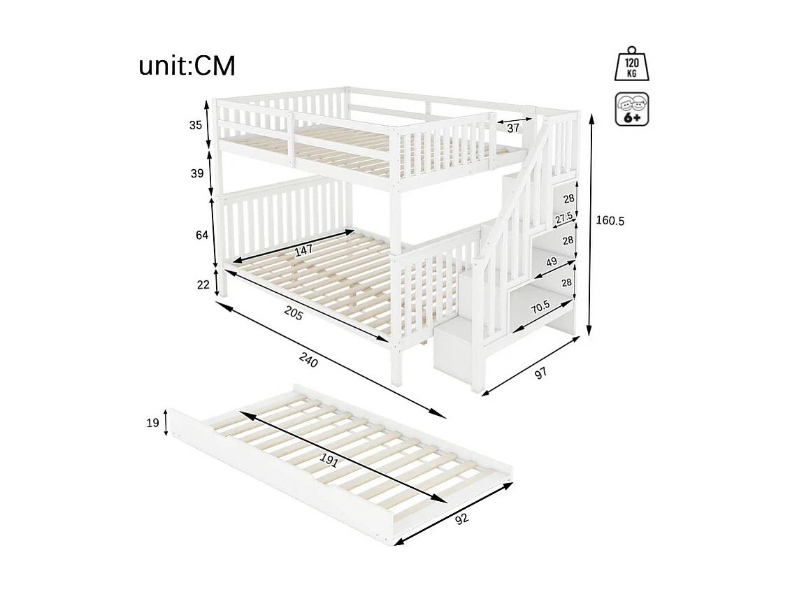 Etagenbett 140x200cm aus Kiefernholz – mit 2 Schubladen und einem Ausziehbett – Weiß
