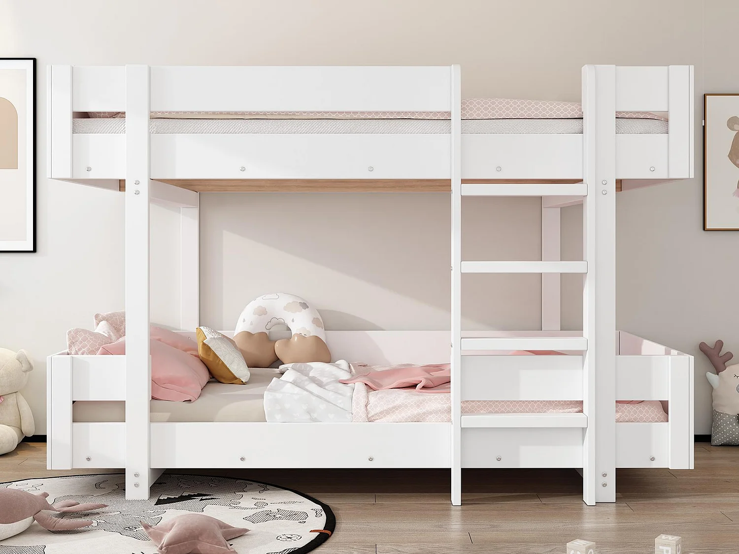 Lit superposé pour enfant 90x200 cm - avec échelle et garde-corps - design simple - Blanc (sans matelas)