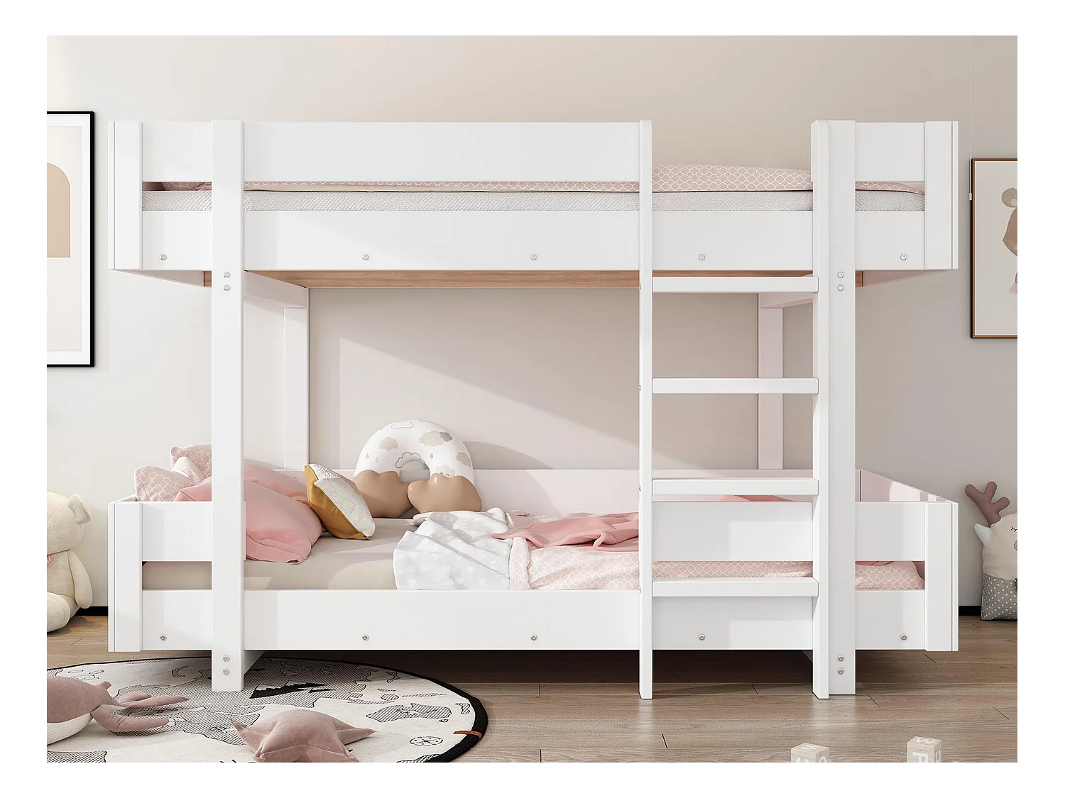 Kinderstapelbed 90x200 cm - met ladder en leuning - eenvoudig ontwerp - Wit (zonder matras)