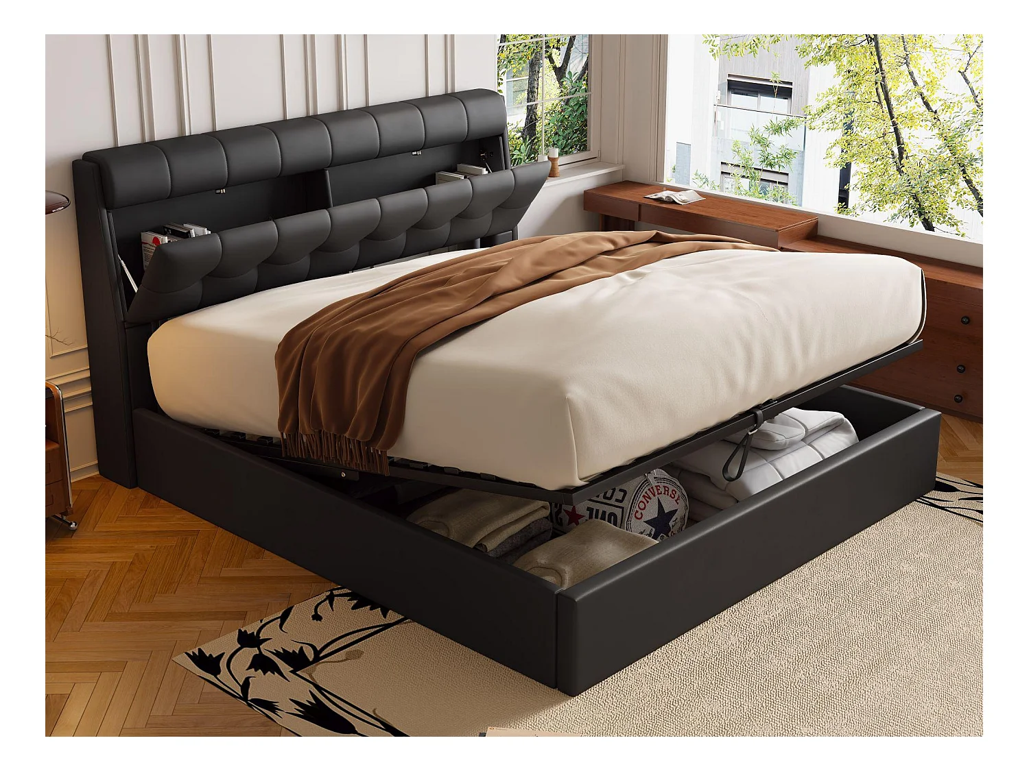 Bett mit Stauraum 160x200 cm - aus Kunstleder - Kopfteil mit Stauraum - Schwarz