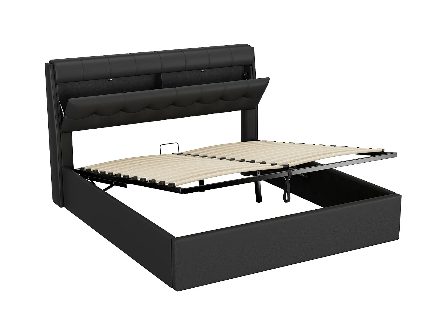 Bett mit Stauraum 160x200 cm - aus Kunstleder - Kopfteil mit Stauraum - Schwarz