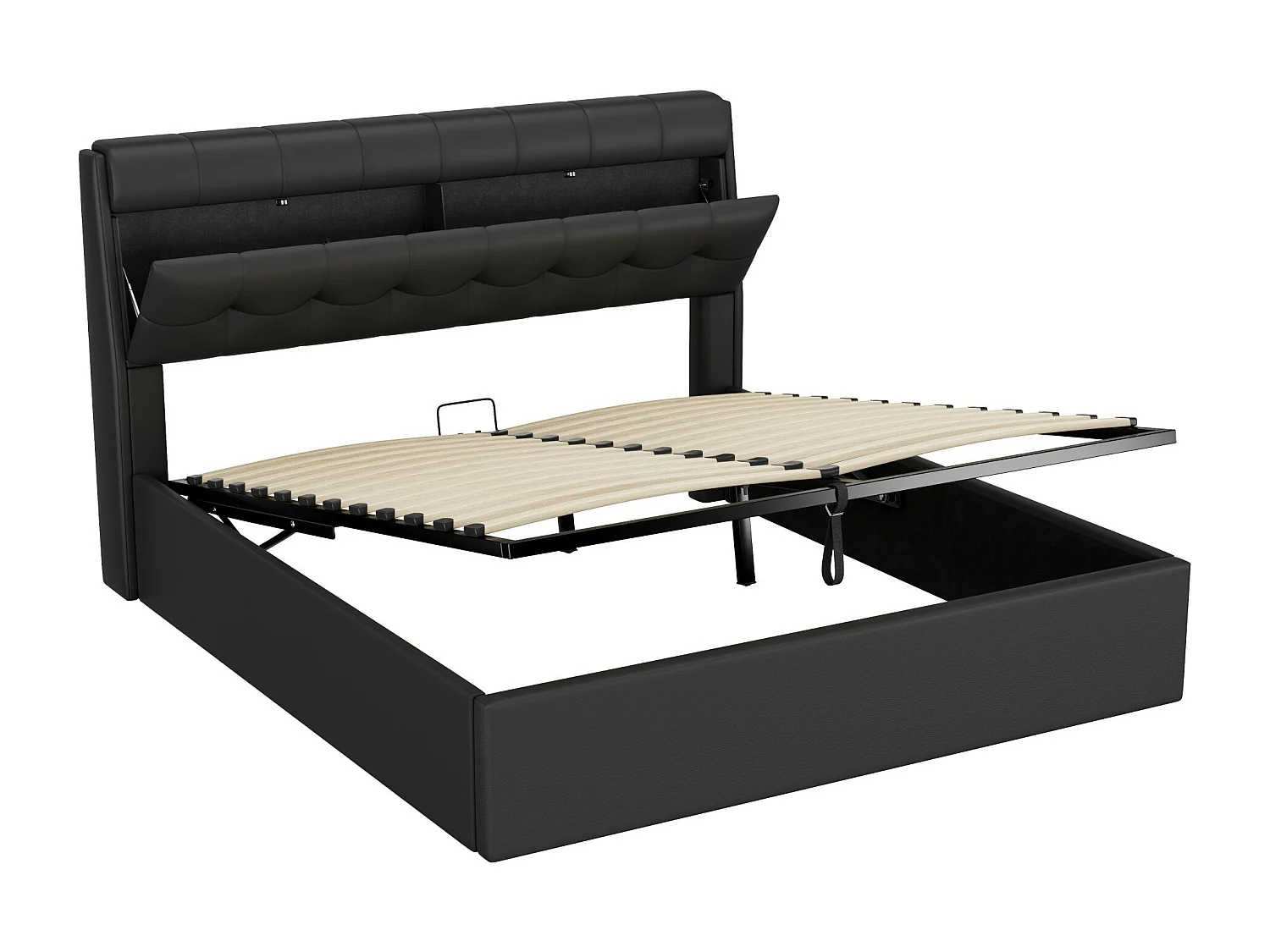 Bett mit Stauraum 160x200 cm - aus Kunstleder - Kopfteil mit Stauraum - Schwarz