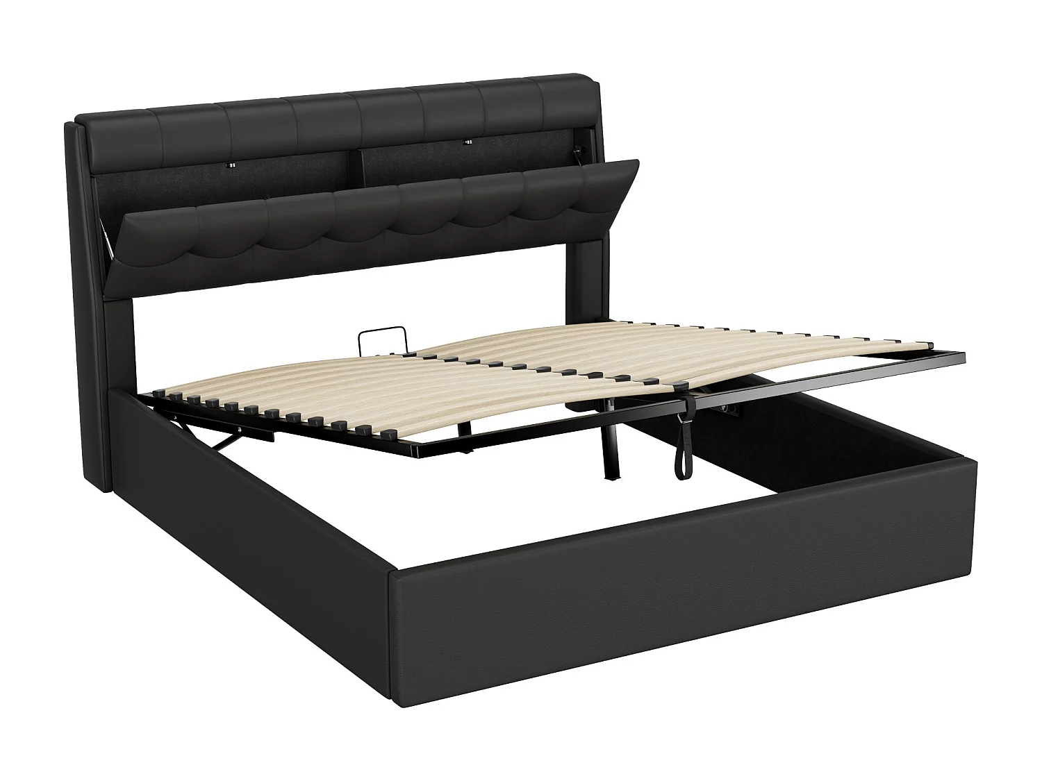 Lit coffre 160x200 cm - en similicuir - tête de lit avec rangement - Noir