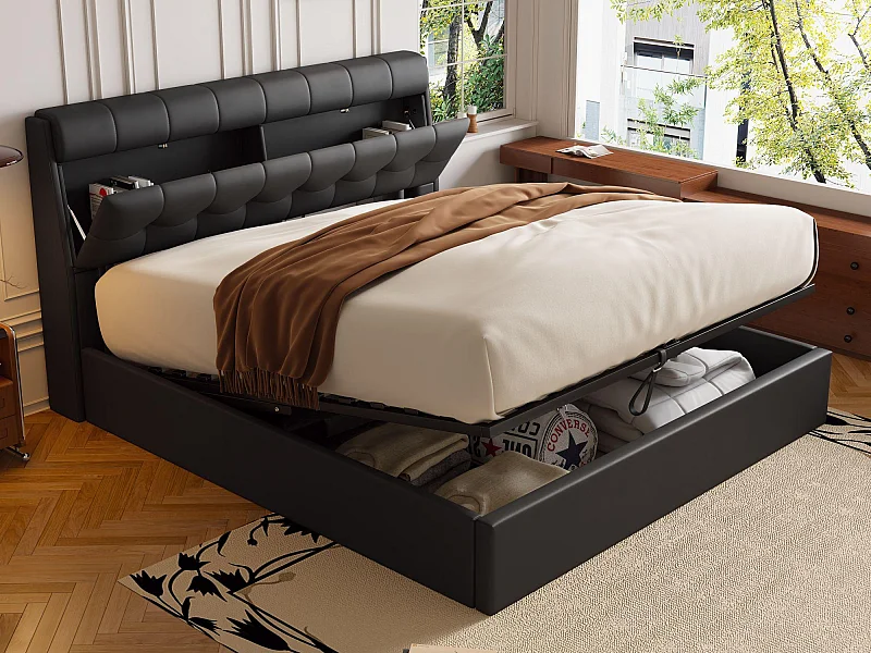 Lit coffre 160x200 cm - en similicuir - tête de lit avec rangement - Noir