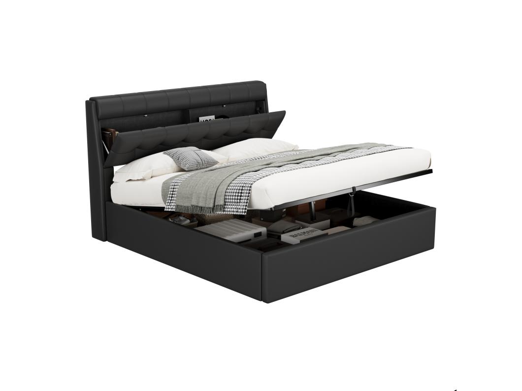 Opbergbed 160x200 cm - in imitatieleer - hoofdbord met opbergruimte - Zwart