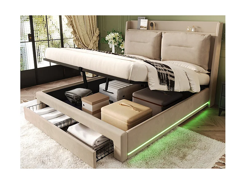 Samtgepolstertes Bett mit Stauraum – 140 x 200 cm – 2 Schubladen am Fußende des Bettes – LED-Lichtleiste am Fußende des Bettes eingelassen – Beige (ohne Matratze)