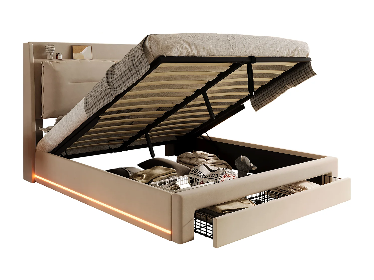 Samtgepolstertes Bett mit Stauraum – 140 x 200 cm – 2 Schubladen am Fußende des Bettes – LED-Lichtleiste am Fußende des Bettes eingelassen – Beige (ohne Matratze)