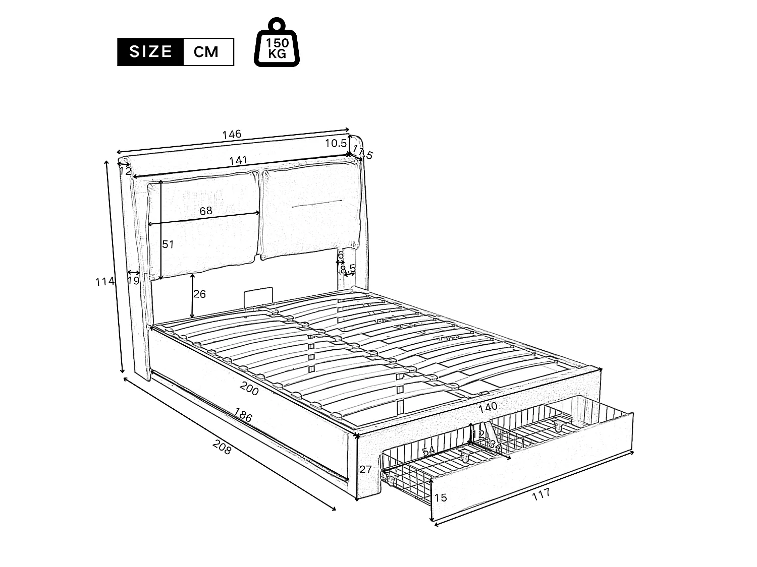 Samtgepolstertes Bett mit Stauraum – 140 x 200 cm – 2 Schubladen am Fußende des Bettes – LED-Lichtleiste am Fußende des Bettes eingelassen – Beige (ohne Matratze)