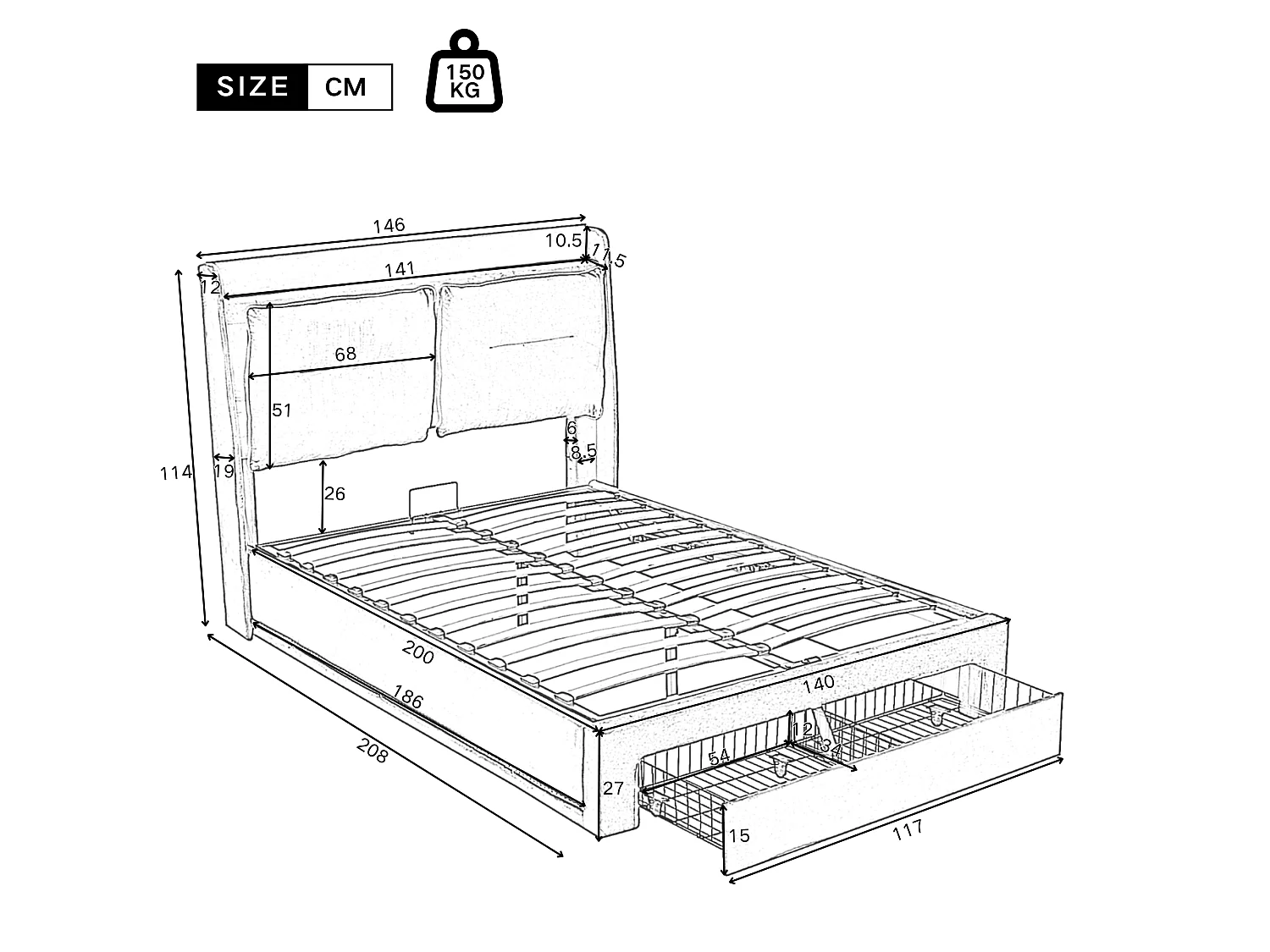 Cama estofada em veludo com arrumação - 140x200 cm - 2 gavetas na extremidade da cama - Faixa de luz LED embutida no pé da cama - Bege (sem colchão)
