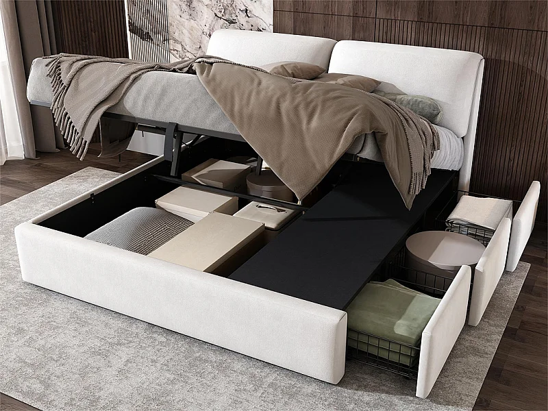 Lit coffre en velours - 180x200cm - avec 3 tiroirs - Beige (sans matelas)