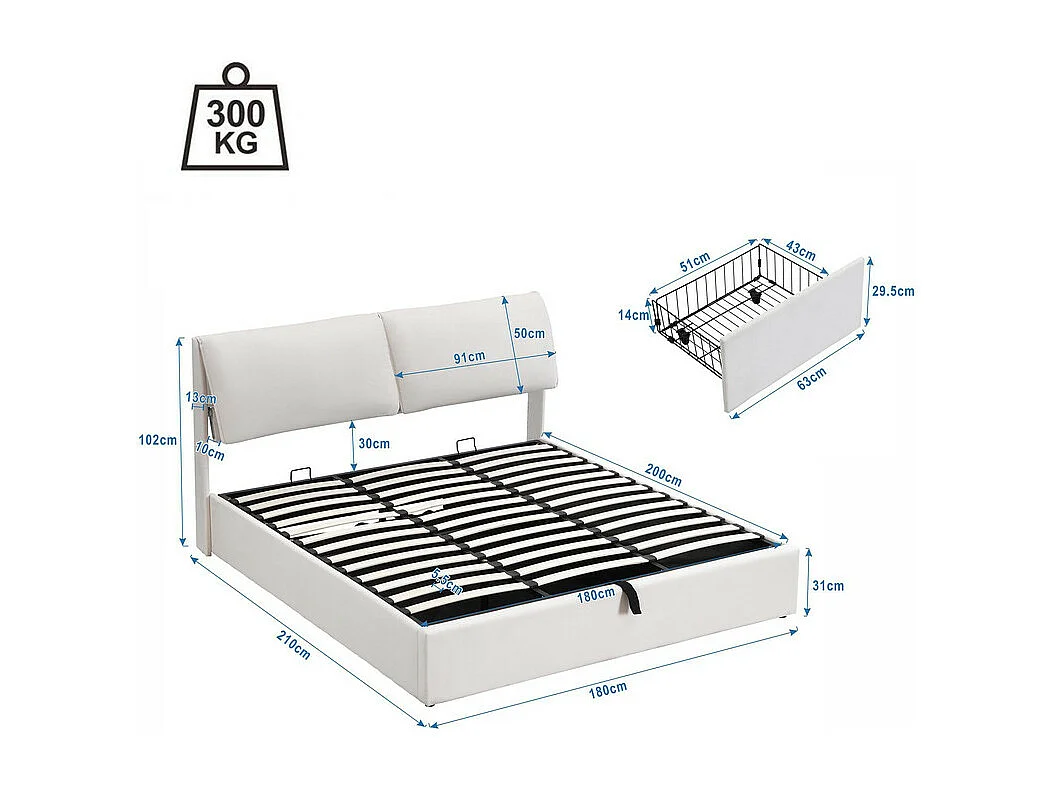 Lit coffre en velours - 180x200cm - avec 3 tiroirs - Beige (sans matelas)