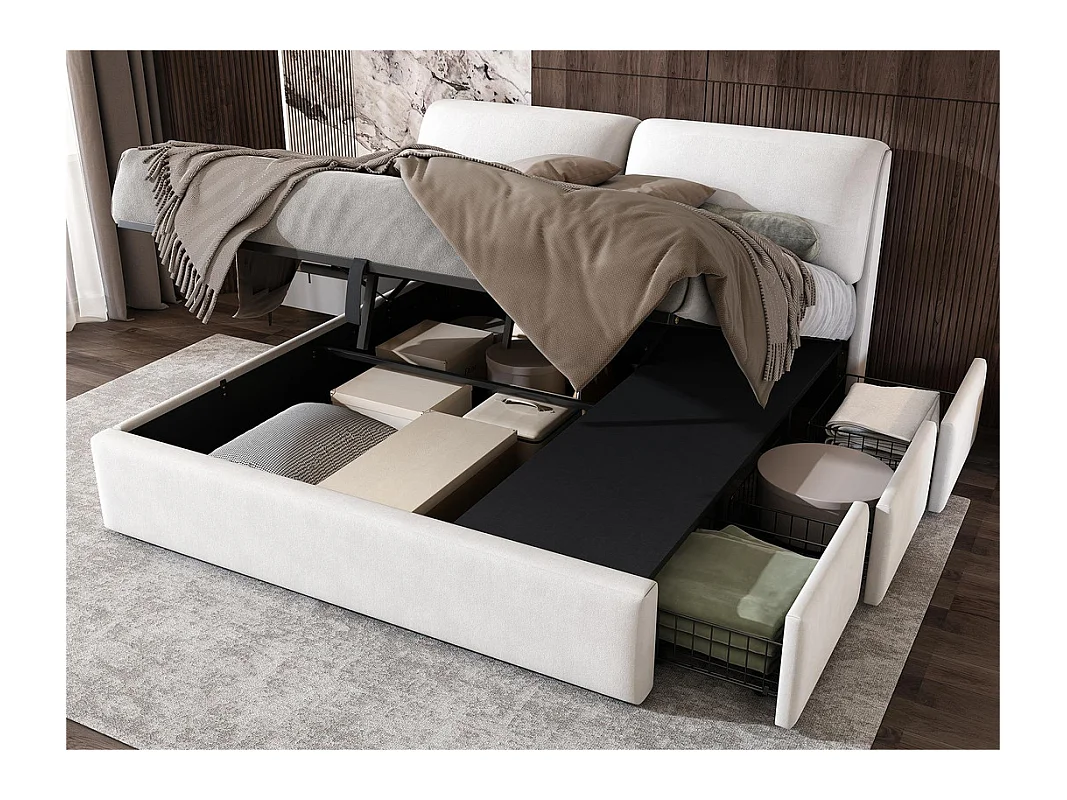 Lit coffre en velours - 180x200cm - avec 3 tiroirs - Blanc (sans matelas)