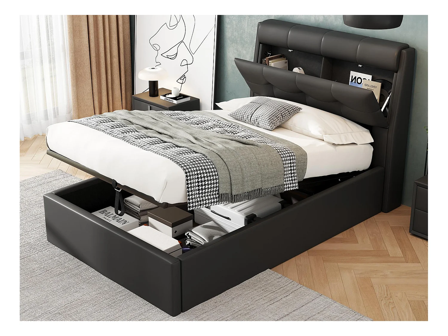 Letto contenitore 90x200 cm - in similpelle - testiera con contenitore - Nero