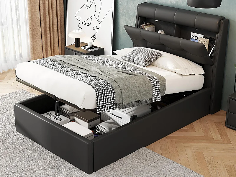 Opbergbed 90x200 cm - in imitatieleer - hoofdbord met opbergruimte - Zwart