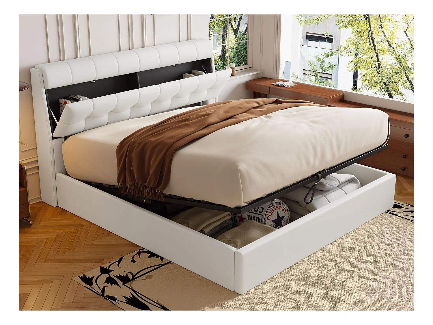 Letto contenitore 140x200 cm - in similpelle - testiera con contenitore - Bianco