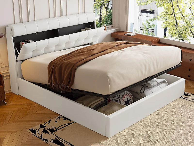 Letto contenitore 140x200 cm - in similpelle - testiera con contenitore - Bianco