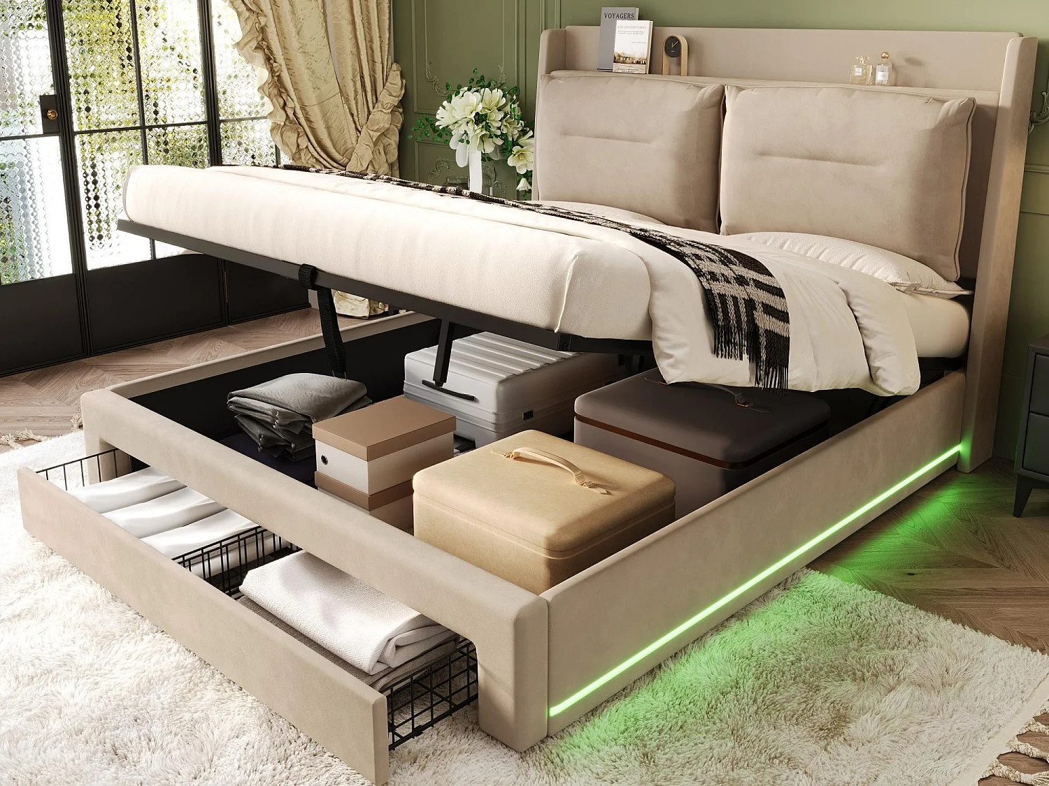 Samtgepolstertes Bett mit Stauraum – 160 x 200 cm – 2 Schubladen am Fußende des Bettes – LED-Lichtleiste am Fußende des Bettes eingelassen – Beige (ohne Matratze)