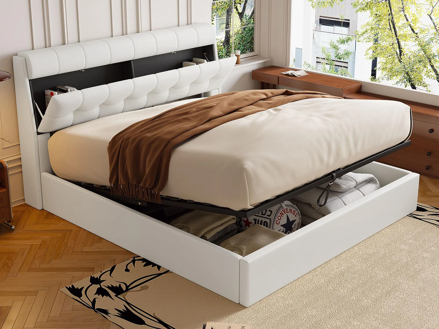 Lit coffre 160x200 cm - en similicuir - tête de lit avec rangement - Blanc