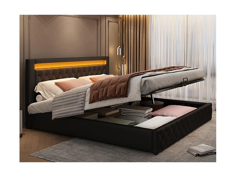 Gepolstertes Stauraumbett aus Kunstleder mit LED – 140 x 200 cm – mit Lattenrost – Schwarz