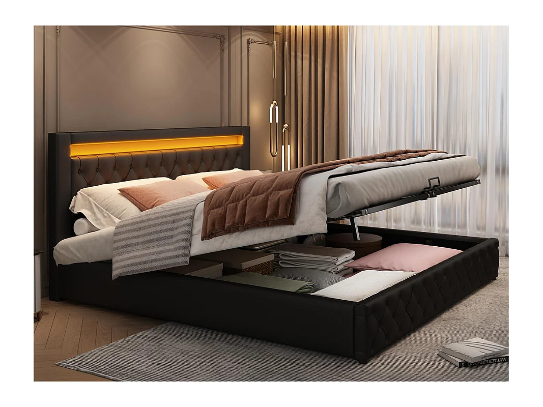 Cama contenedor tapizada de piel sintética con LED - 140x200 cm - con somier - Negro