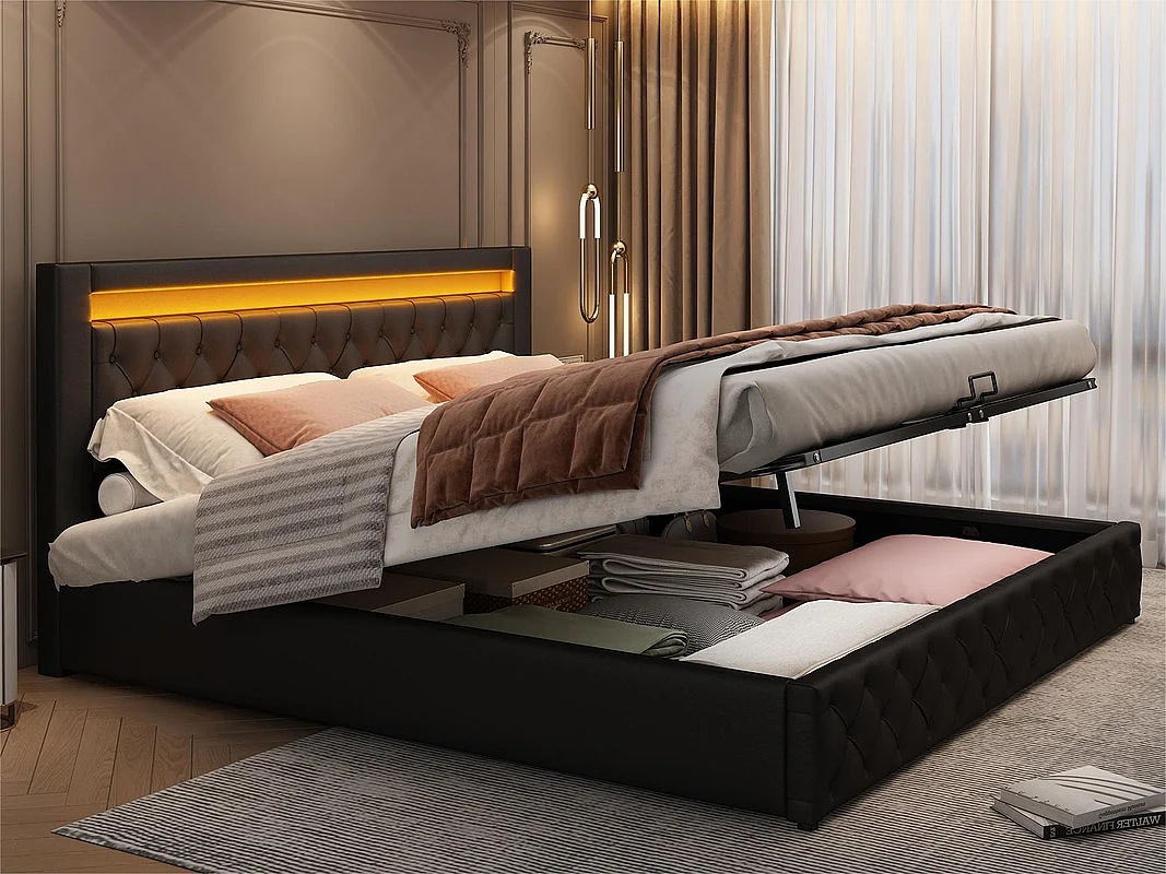 Gepolstertes Stauraumbett aus Kunstleder mit LED – 140 x 200 cm – mit Lattenrost – Schwarz