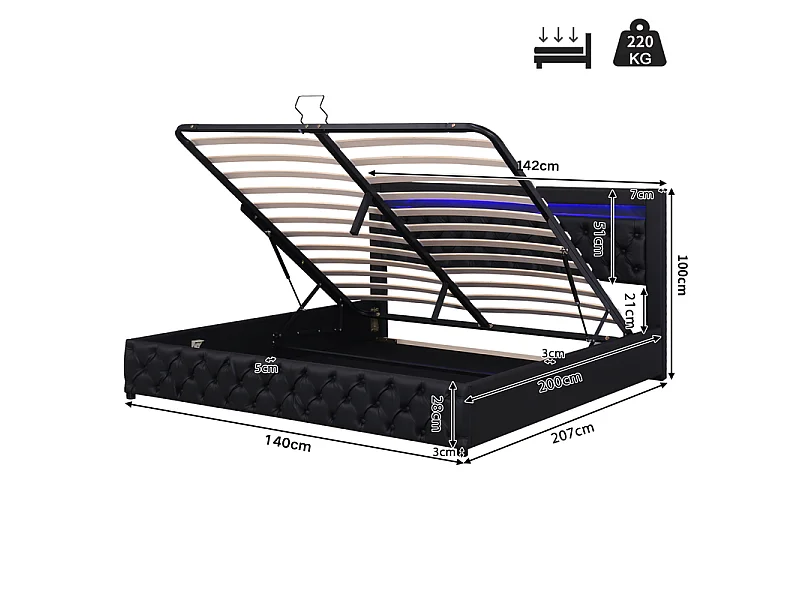 Gepolstertes Stauraumbett aus Kunstleder mit LED – 140 x 200 cm – mit Lattenrost – Schwarz