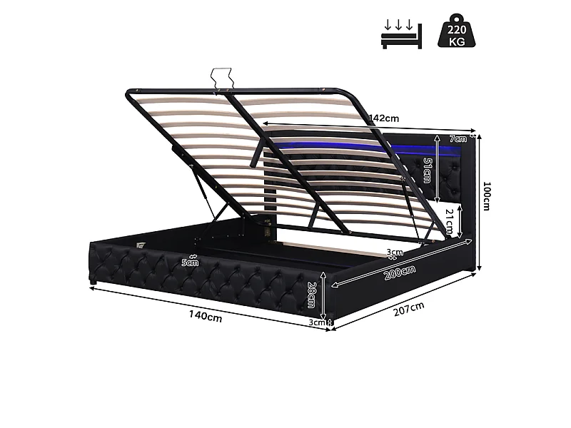 Gestoffeerd kunstleer opbergbed met LED - 140x200cm - met lattenbodem - Zwart