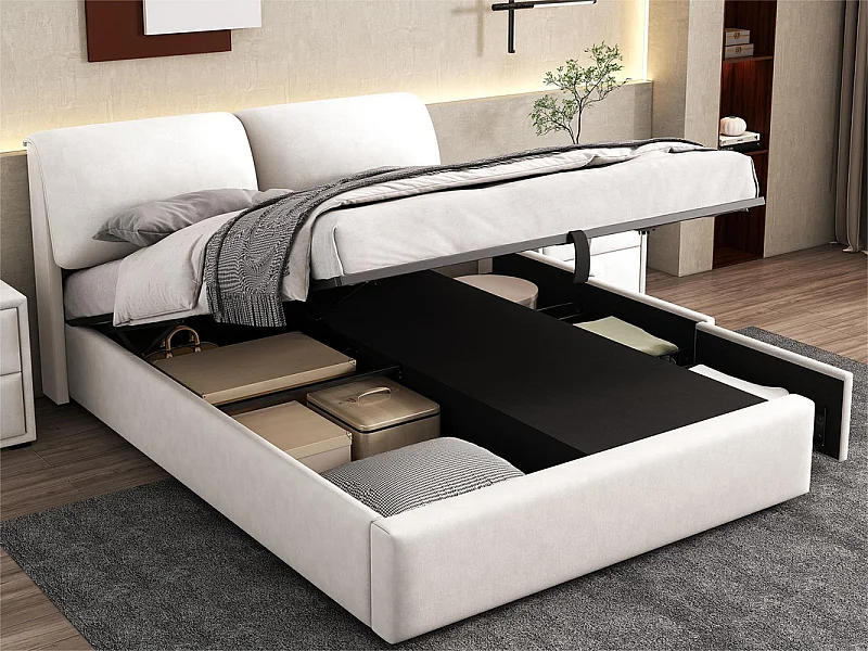 Velours-Stauraumbett - 140x200cm - mit 3 Schubladen - Beige (ohne Matratze)