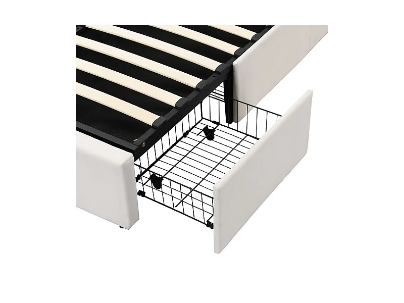 Velours-Stauraumbett - 140x200cm - mit 3 Schubladen - Beige (ohne Matratze)