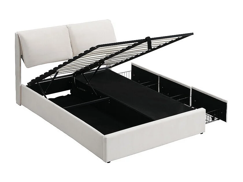 Velours-Stauraumbett - 140x200cm - mit 3 Schubladen - Beige (ohne Matratze)