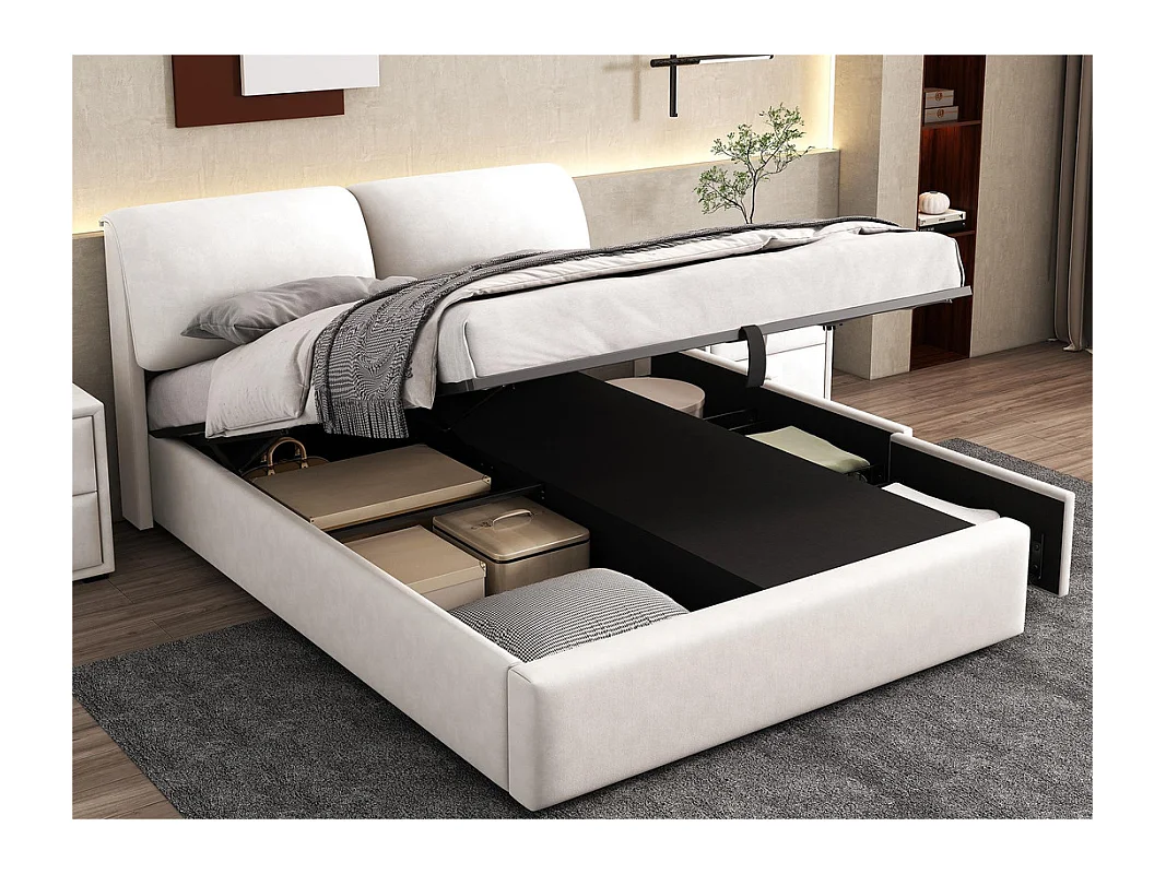 Lit coffre en velours - 140x200cm - avec 3 tiroirs - Blanc (sans matelas)