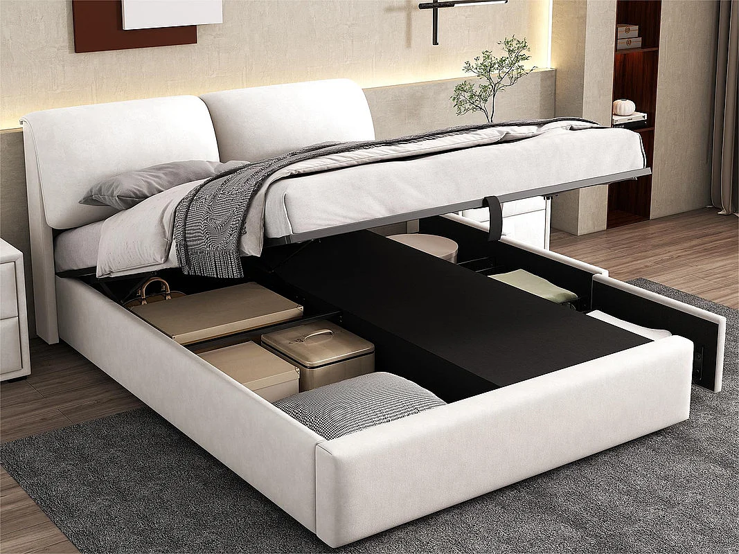 Lit coffre en velours - 140x200cm - avec 3 tiroirs - Beige (sans matelas)