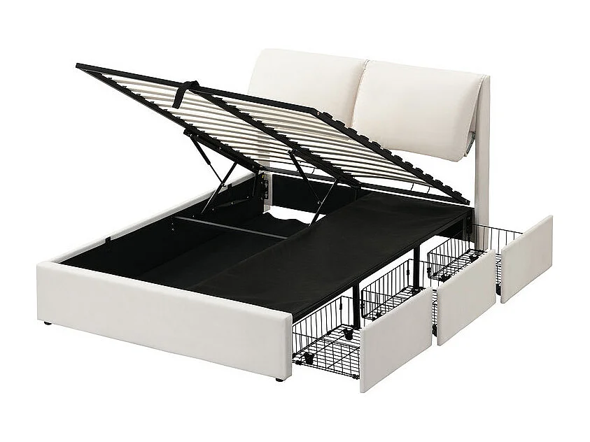 Lit coffre en velours - 140x200cm - avec 3 tiroirs - Beige (sans matelas)