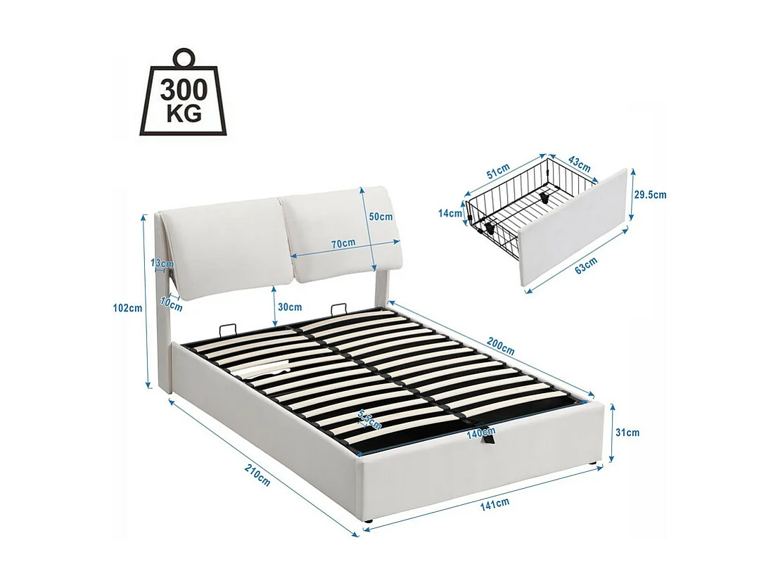 Lit coffre en velours - 140x200cm - avec 3 tiroirs - Beige (sans matelas)