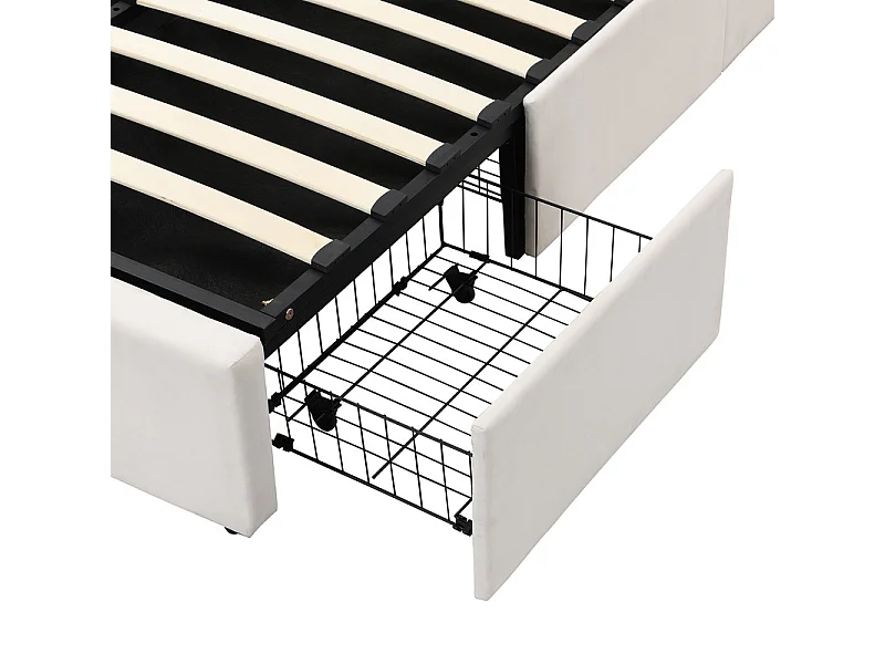 Lit coffre en velours - 140x200cm - avec 3 tiroirs - Beige (sans matelas)