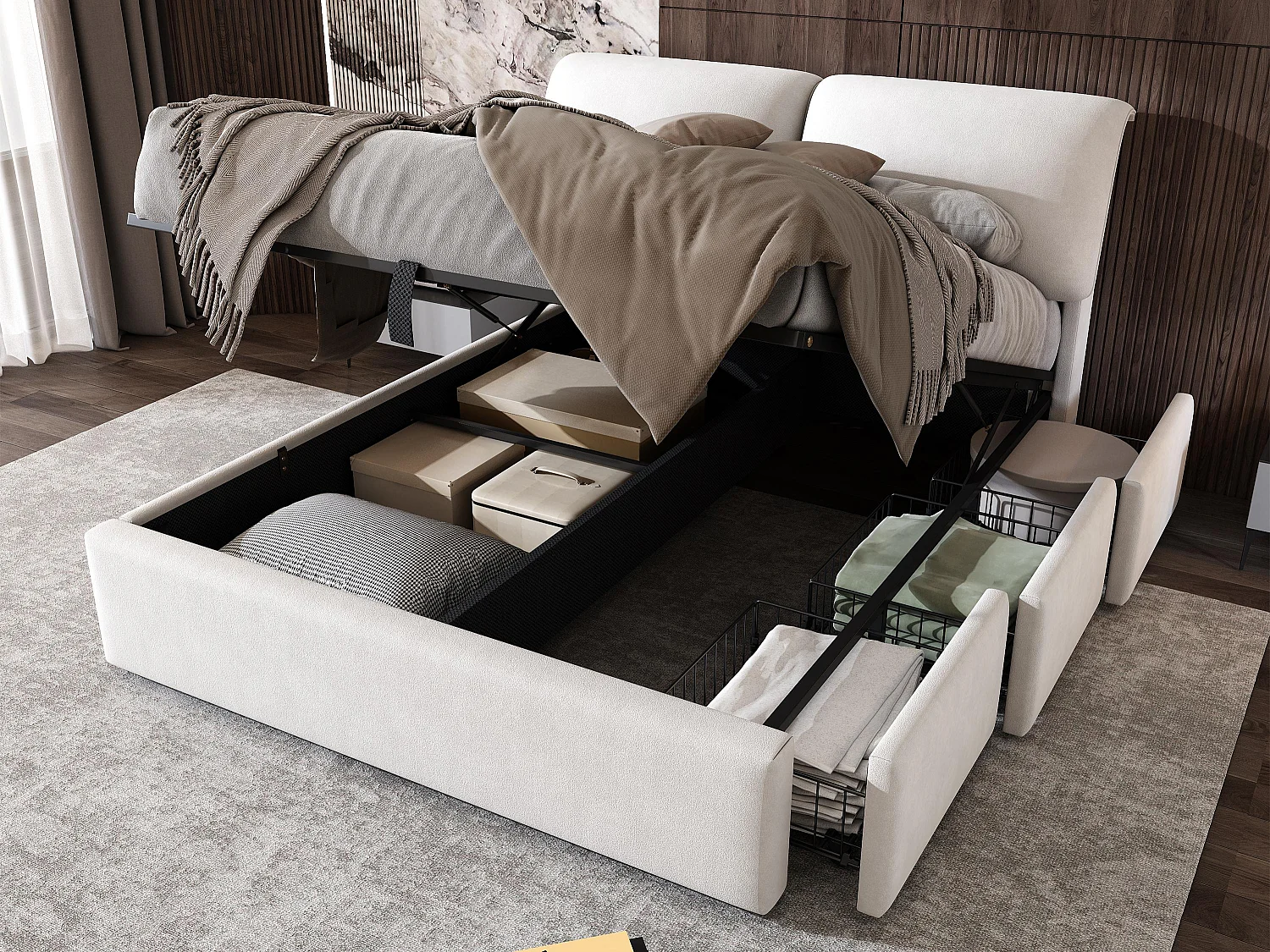 Opbergbed van fluweel - 140x200cm - met 3 laden - Beige (zonder matras)