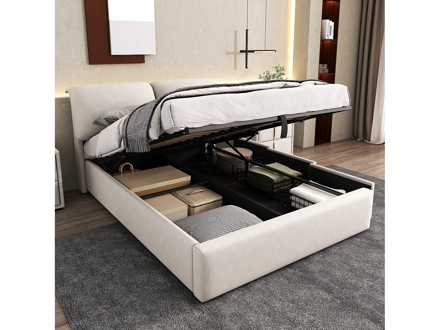 Opbergbed van fluweel - 140x200cm - met 3 laden - Beige (zonder matras)