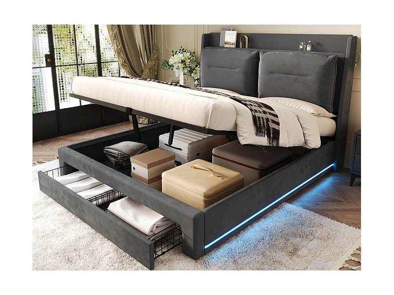 Samtgepolstertes Bett mit Stauraum – 160 x 200 cm – 2 Schubladen am Fußende des Bettes – LED-Lichtleiste am Fußende des Bettes eingelassen – Grau (ohne Matratze)