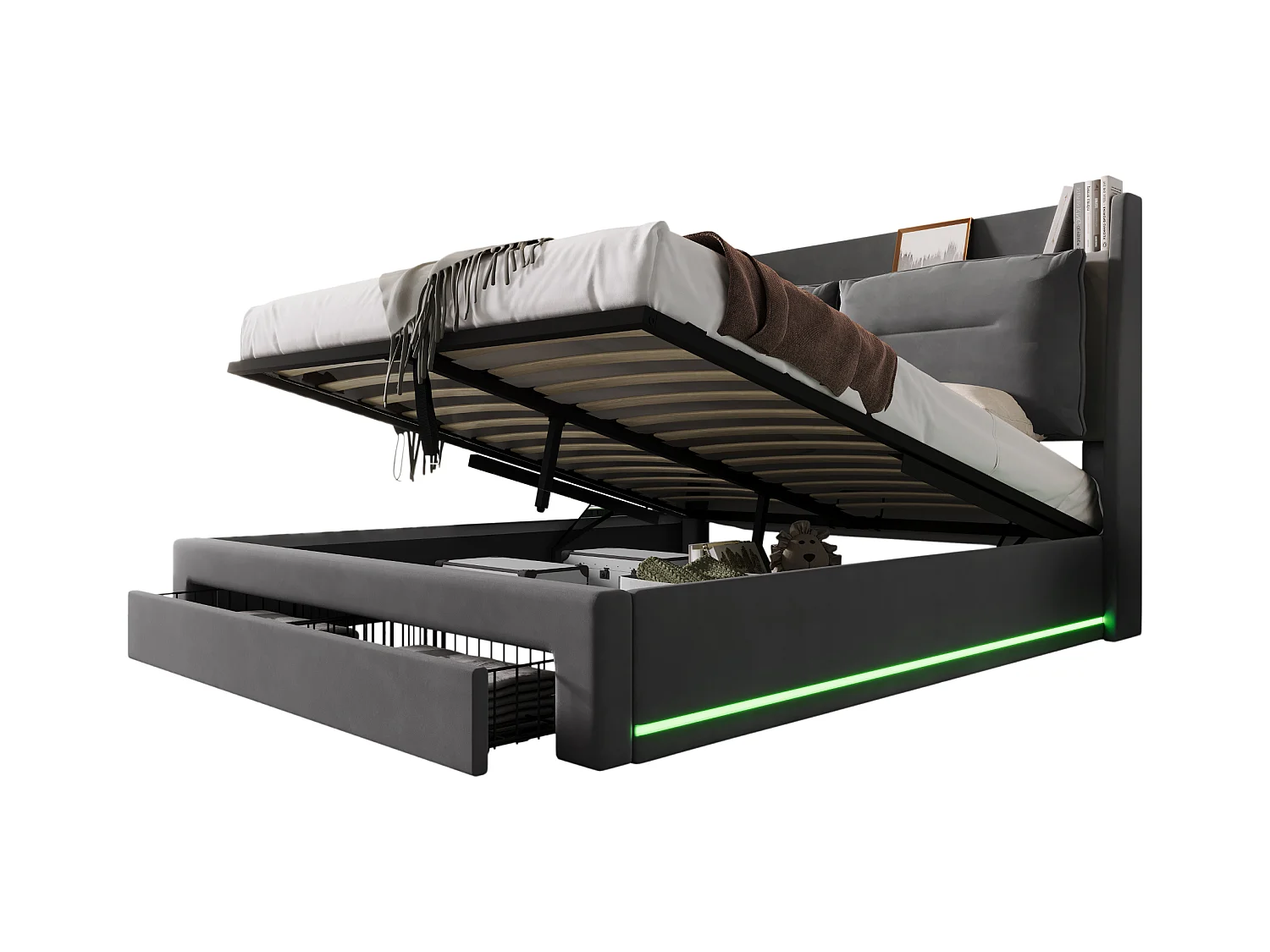 Cama con canapé tapizada en terciopelo - 160x200 cm - 2 cajones a los pies de la cama - Tira de luces LED empotrada a los pies de la cama - Gris (sin colchón)