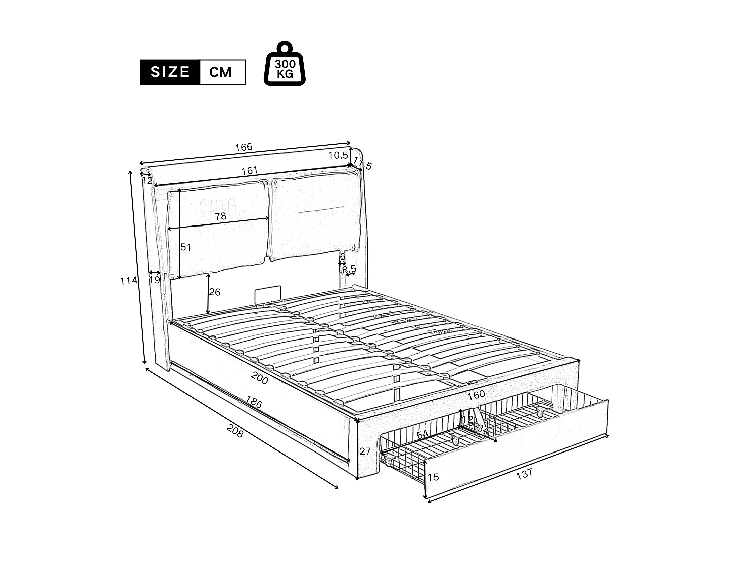 Cama con canapé tapizada en terciopelo - 160x200 cm - 2 cajones a los pies de la cama - Tira de luces LED empotrada a los pies de la cama - Gris (sin colchón)