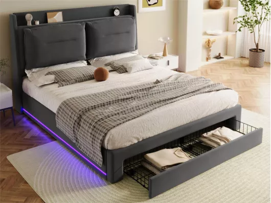 Kauf Unique Samtbett mit Stauraum – 160 x 200 cm – mit 2 Schubladen und eingelassener LED am Fußende des Bettes – Grau (ohne Matratze)