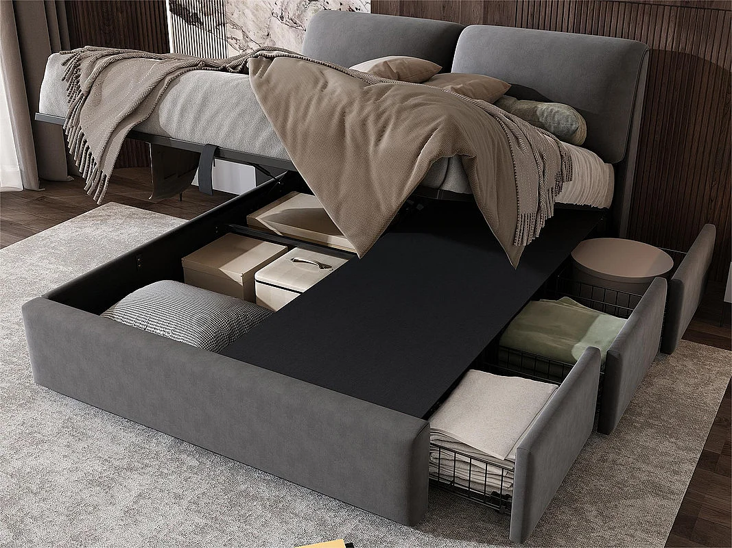 Letto contenitore in velluto - 140x200 cm - con 3 cassetti - Grigio (senza materasso)