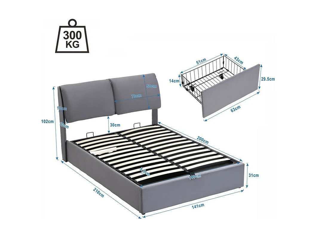 Letto contenitore in velluto - 140x200 cm - con 3 cassetti - Grigio (senza materasso)