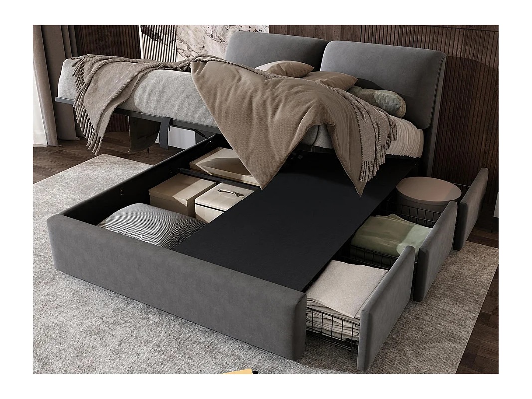 Lit coffre en velours - 140x200cm - avec 3 tiroirs - Gris (sans matelas)