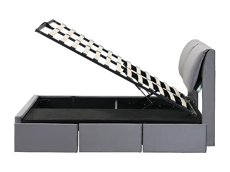 Lit coffre en velours - 140x200cm - avec 3 tiroirs - Gris (sans matelas)