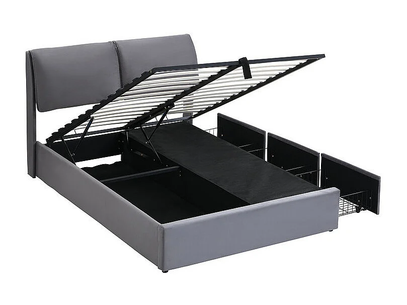 Lit coffre en velours - 140x200cm - avec 3 tiroirs - Gris (sans matelas)