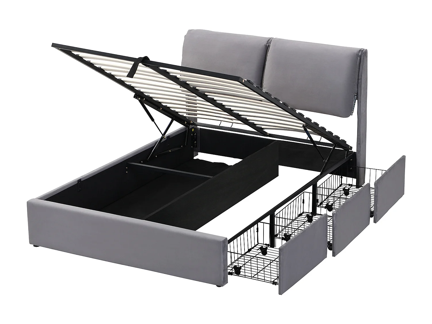 Lit coffre en velours - 140x200cm - avec 3 tiroirs - Gris (sans matelas)