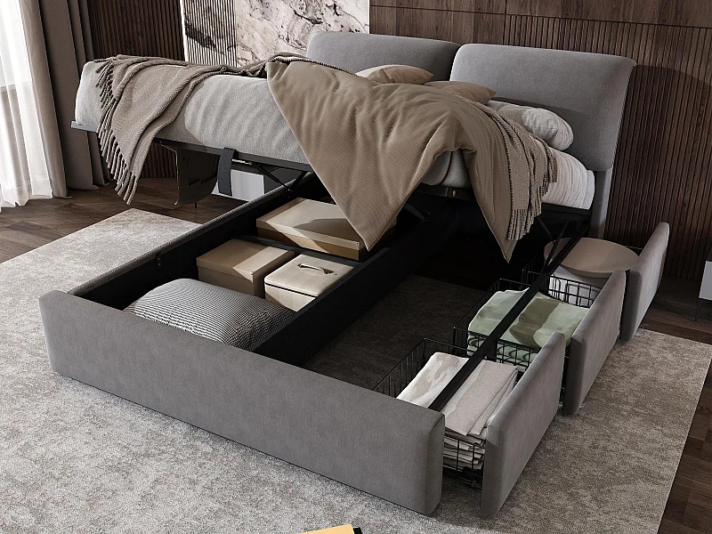 Fluwelen opbergbed - 140x200cm - met 3 lades - Grijs (zonder matras)