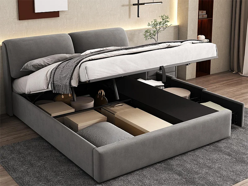 Samtbett mit Stauraum – 180 x 200 cm – mit 3 Schubladen – Grau (ohne Matratze)