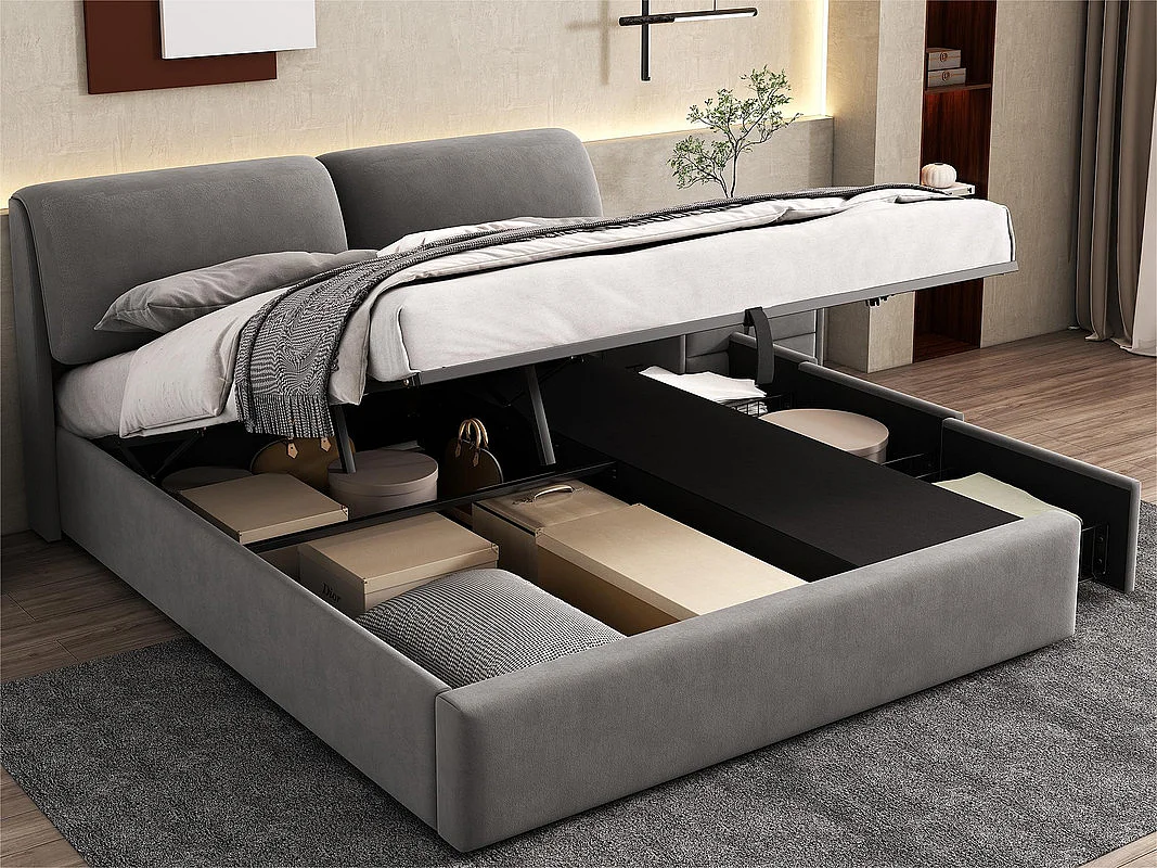 Samtbett mit Stauraum – 180 x 200 cm – mit 3 Schubladen – Grau (ohne Matratze)